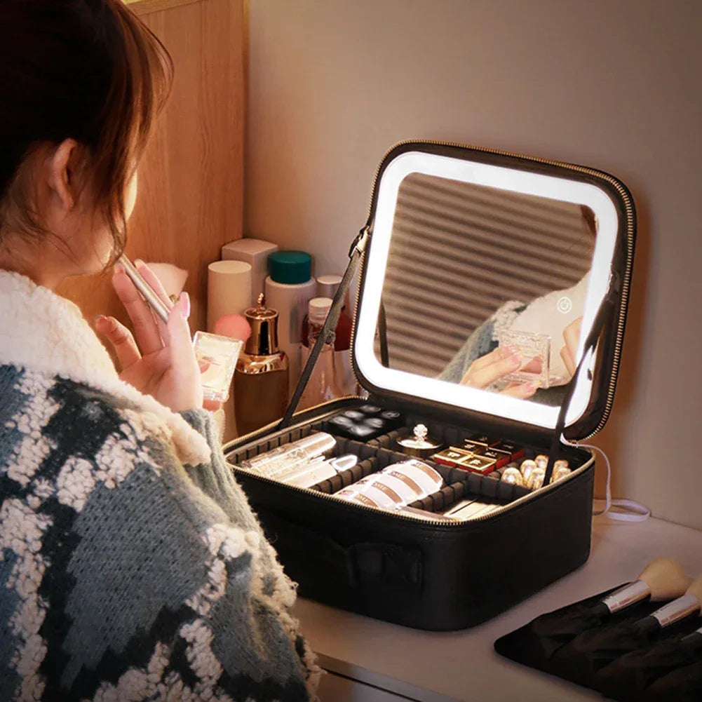 Smart LED Cosmetic Bag With Mirror organized inside