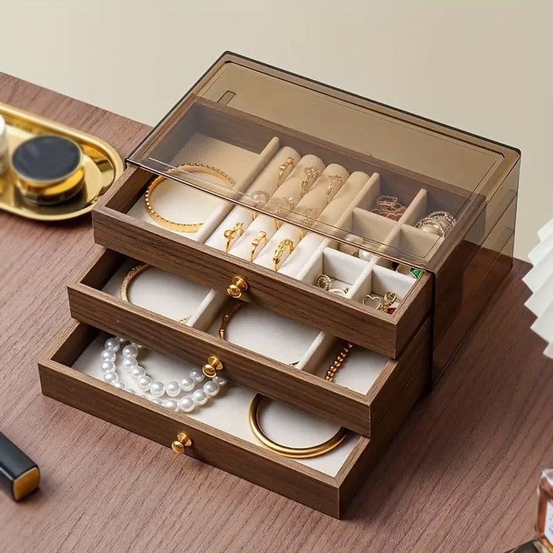3 Drawer Wooden Jewellery Storage Box side angle