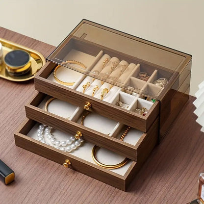 3 Drawer Wooden Jewellery Storage Box side angle