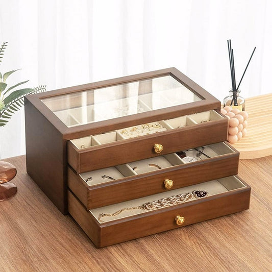 3 Drawer Wooden Jewellery Storage Box full view