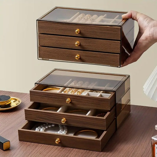 3 Drawer Jewellery Wooden Storage Box with Transparent Visibility - drawers open