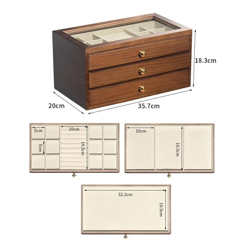 3 Drawer Wooden Jewellery Storage Box on vanity table